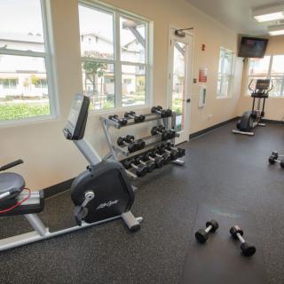 A gym room equipped with a stationary bike, dumbbells, and other exercise equipment.