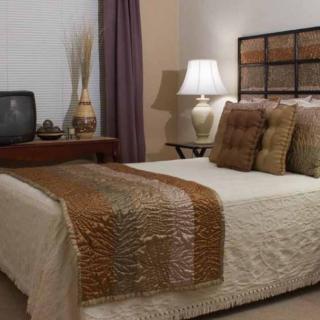 A cozy bedroom featuring a neatly made bed with patterned bedding, decorative pillows, and a lamp on a side table next to an old-style television.