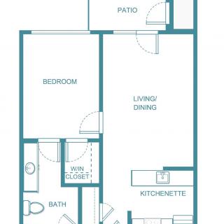 A detailed floor plan of a one-bedroom apartment with a kitchenette, living/dining area, bathroom, vanity closet, and patio.