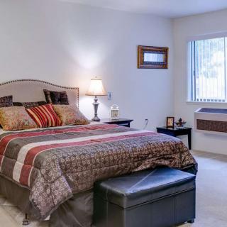 A cozy and well-furnished bedroom with a comfortable bed, bedside lamp, and natural light coming through the window.