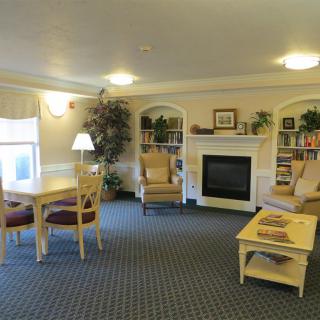 A cozy living room with a fireplace, bookshelves, and comfortable seating.