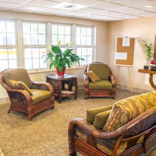 A cozy seating area with comfortable chairs and a touch of greenery, perfect for relaxation.