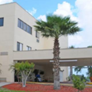 A modern building with a palm tree in the foreground, set against a blue sky with clouds.