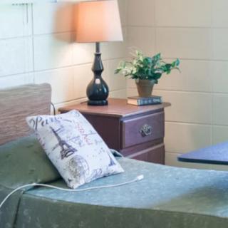 A cozy bedroom setup featuring a neatly made bed with a decorative pillow, alongside a nightstand with a lamp and some books.
