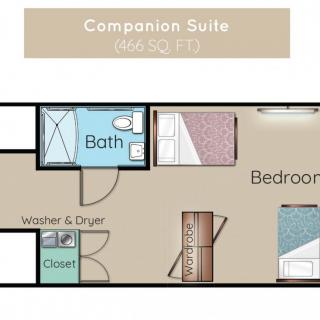 Companion Suite floor plan featuring a bedroom, bathroom, washer and dryer, and closet.