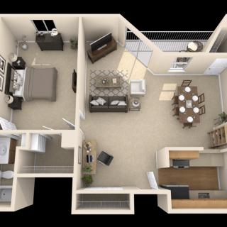 A one-bedroom apartment floor plan featuring a living room, kitchen, dining area, and bathroom.