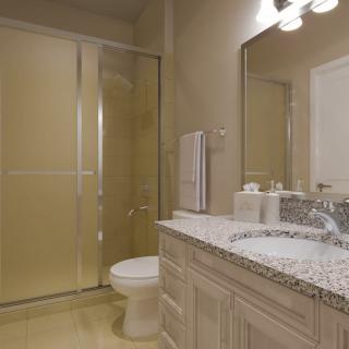 A well-lit bathroom featuring a sink with a granite countertop, a large mirror, and a shower enclosure.