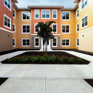 A colorful apartment building with a central courtyard featuring a palm tree.