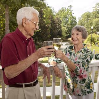 An elderly couple enjoying a toast together on a sunny day outdoors.