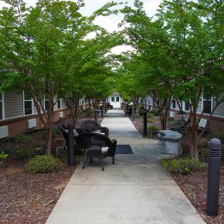 A pedestrian pathway lined with trees and benches, set between two buildings.