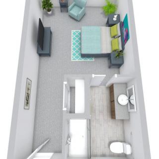 A 3D floor plan of a modern studio apartment featuring a combined bedroom and living area, along with a separate bathroom.