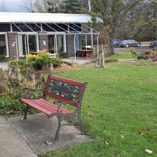 A quiet park scene featuring a bench in front of a building surrounded by grass.