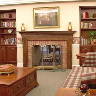 A cozy living room with a fireplace and built-in bookshelves.