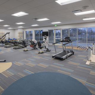 A modern gym with various exercise equipment including treadmills and elliptical machines.