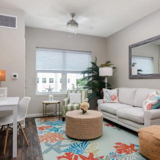 A bright and cozy living room with a colorful rug, comfortable sofa, and stylish decor.