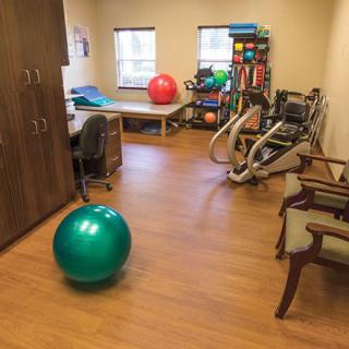 A physical therapy room equipped with exercise balls, therapy beds, and fitness machines.