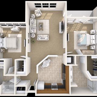 A detailed floor plan of a two-bedroom apartment featuring a living room, kitchen, and bathrooms.