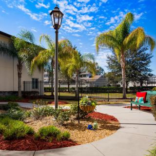 A scenic garden pathway lined with palm trees and outdoor seating under a bright blue sky.