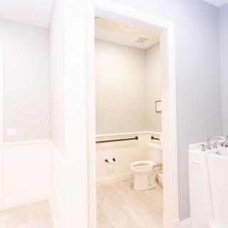 A clean and modern bathroom with a minimalist design.