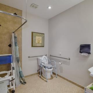 An accessible bathroom equipped with grab bars and disability aids.
