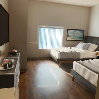 A modern hotel room with two neatly made beds, a large TV, and a window showcasing natural light.
