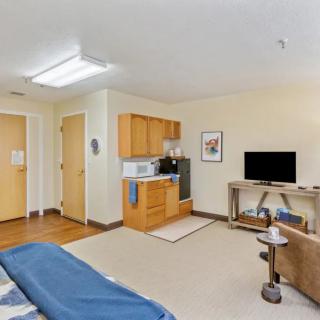 A cozy room with a small kitchenette, TV, and bed area.
