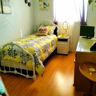 A cozy bedroom with a single bed and a desk by the window.