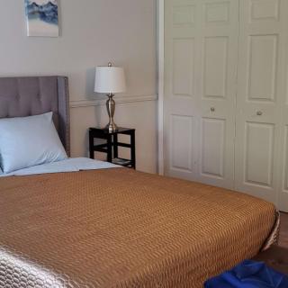 A cozy bedroom featuring a neatly made bed, bedside lamp, and a closed closet.