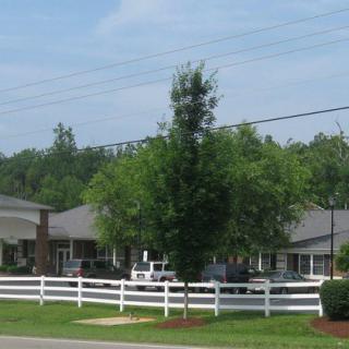 A suburban building with a white fence and trees in the foreground.