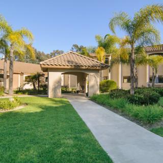 A charming entrance to a residential property surrounded by lush greenery and palm trees.