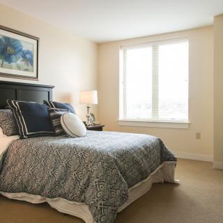Cozy bedroom with stylish bedding and natural light.