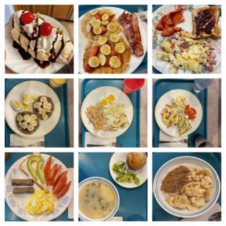 A collage of delicious breakfast and meal options including pancakes, waffles, eggs, bacon, fruit, salad, and dessert.