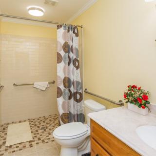 A well-lit bathroom with a shower, toilet, and sink, featuring a patterned shower curtain and decorative flowers on the countertop.