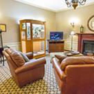 A cozy living room with leather sofas, a television, and a fireplace.
