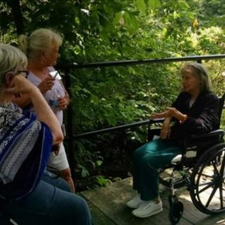A group of people having a conversation outdoors, surrounded by greenery, with one person in a wheelchair.