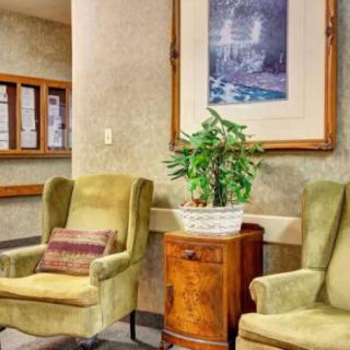 A cozy waiting room with green armchairs, a small wooden table with a plant, and a framed painting on the wall.