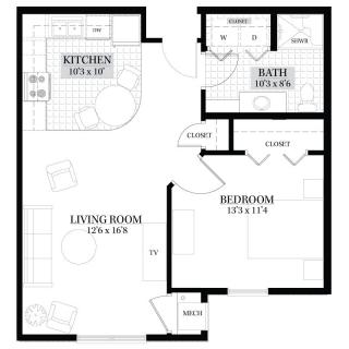A floor plan of a one-bedroom apartment featuring a living room, kitchen, bathroom, and bedroom.