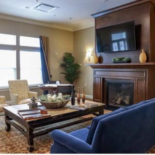 A cozy living room with a fireplace and elegant furnishings.