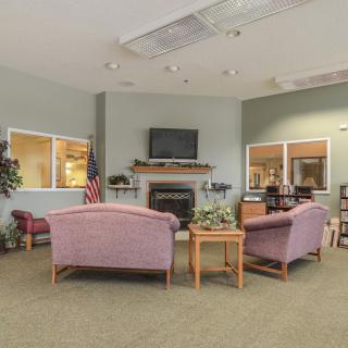 A cozy waiting room with sofas, a fireplace, and indoor plants.