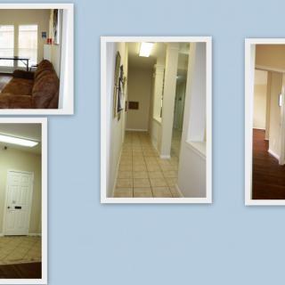 Collage of a residential interior featuring a living room, hallway, and entrance.
