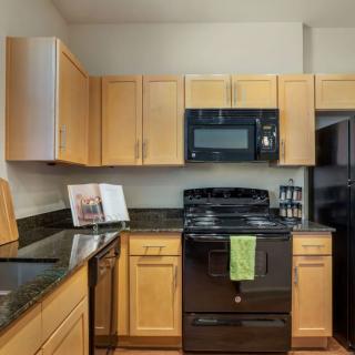 A modern kitchen featuring light wooden cabinets, black appliances, and a granite countertop.