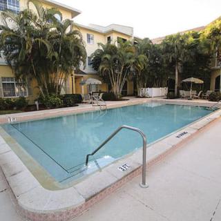 Outdoor swimming pool surrounded by palm trees and residential buildings.