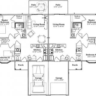 A detailed architectural floor plan displaying the layout of a duplex house, including rooms such as bedrooms, kitchens, living rooms, and garages.