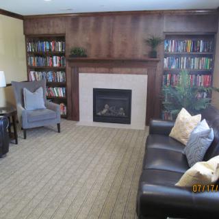 A cozy living room featuring a fireplace, bookshelves filled with books, and comfortable seating.