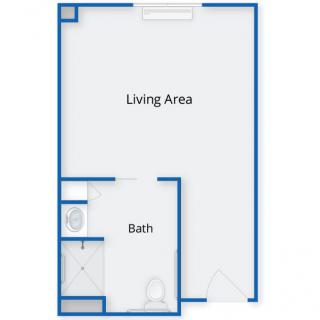 A simple studio apartment floor plan featuring a living area and bathroom.