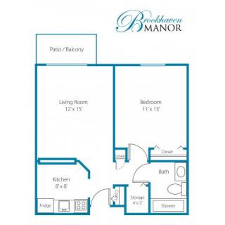 A one-bedroom apartment floor plan at Brookhaven Manor, featuring a living room, kitchen, bedroom, and balcony.
