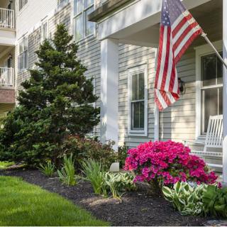 A charming front yard with vibrant flowers and a patriotic flag.