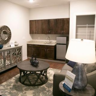 A cozy living area featuring a kitchenette with modern furnishings and a welcoming ambiance.