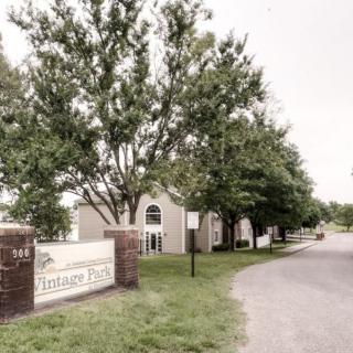 Entrance to a residential apartment complex lined with trees and a driveway.
