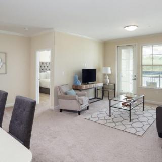 A cozy living room with a sofa, TV, and coffee table arranged on a carpeted floor.